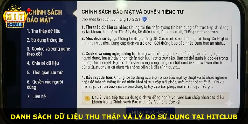 Danh sách dữ liệu thu thập và lý do sử dụng tại Hitclub